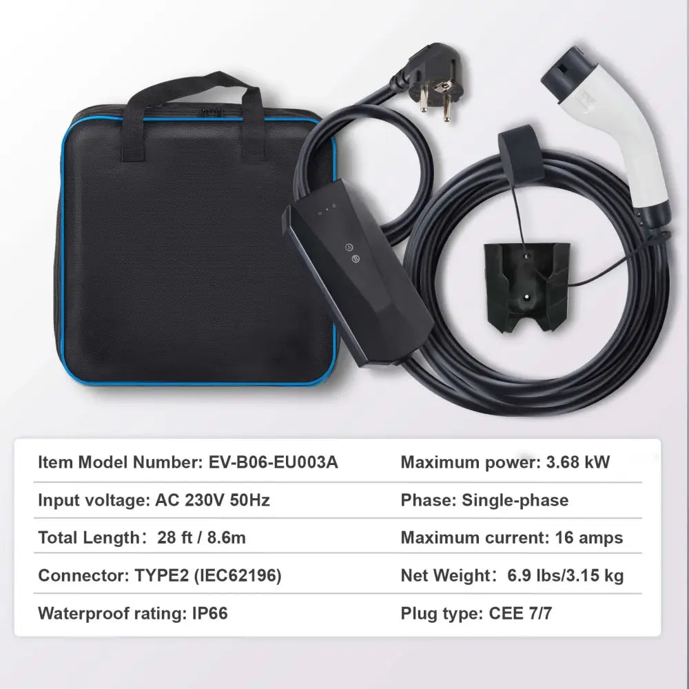 Chargeur voiture électrique portable Type 2 16 A – 3,7 kW câble 8,6 m - Sans écran – 3,68 kW / Pologne - Chargeur