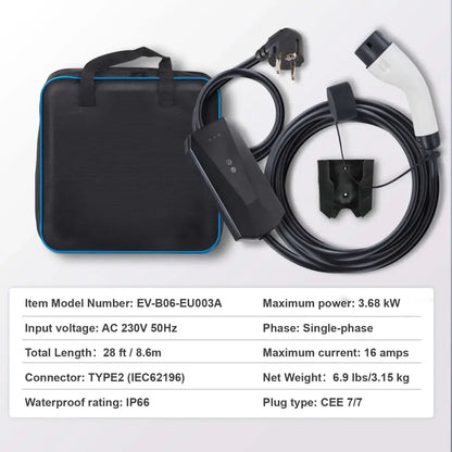 Chargeur voiture électrique portable Type 2 16 A – 3,7 kW câble 8,6 m - Sans écran – 3,68 kW / Pologne - Chargeur