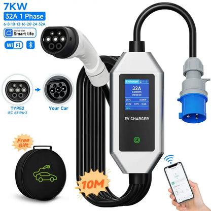 Chargeur voiture électrique Type 2 32 A 7,2 kW – WiFi IP66 - Argent / Type 2 / France - Chargeur voiture électrique