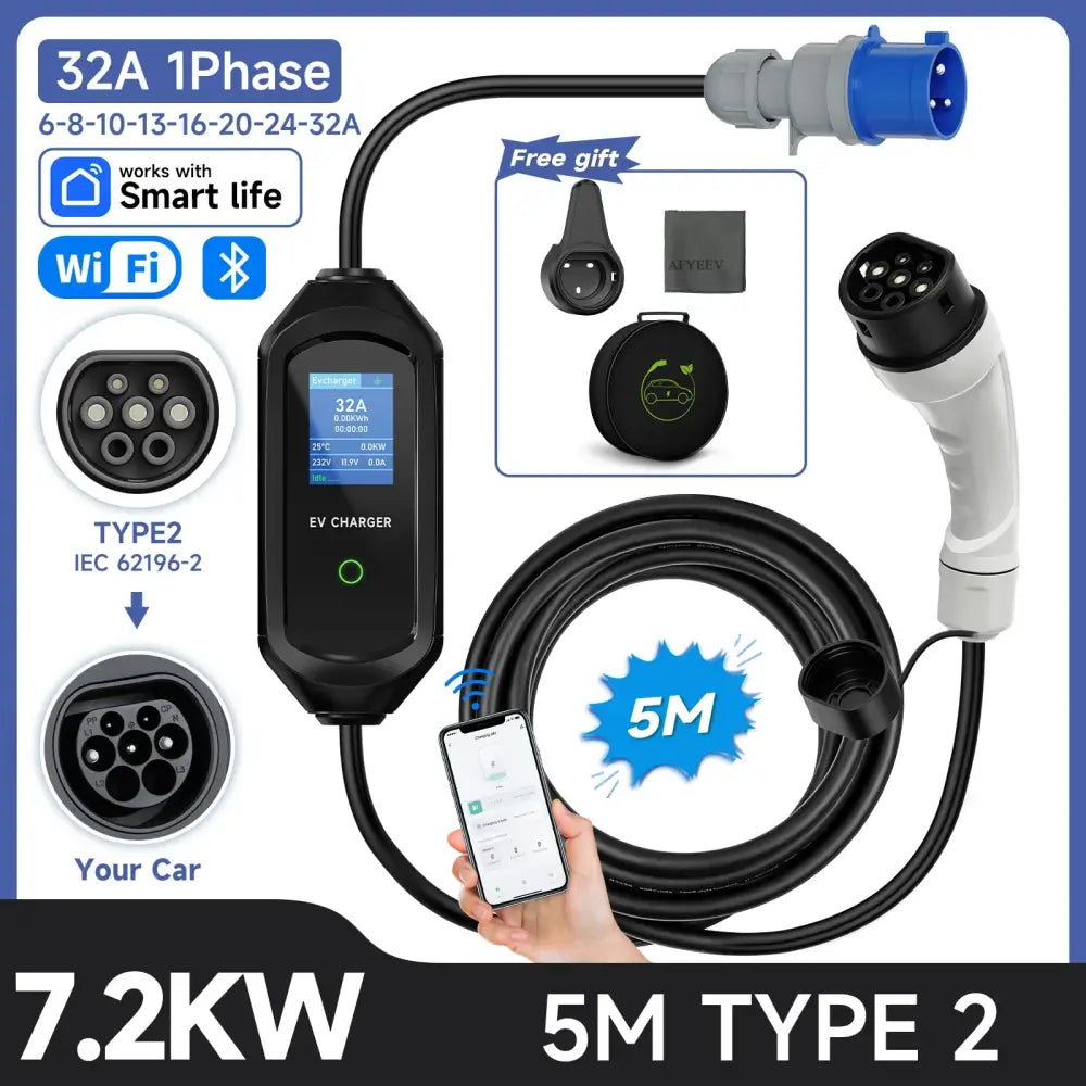 Chargeur voiture électrique Type 2 32 A 7,2 kW – WiFi IP66 - Chargeur voiture électrique portable