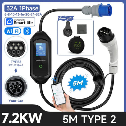 Chargeur voiture électrique Type 2 32 A 7,2 kW – WiFi IP66 - Chargeur voiture électrique portable
