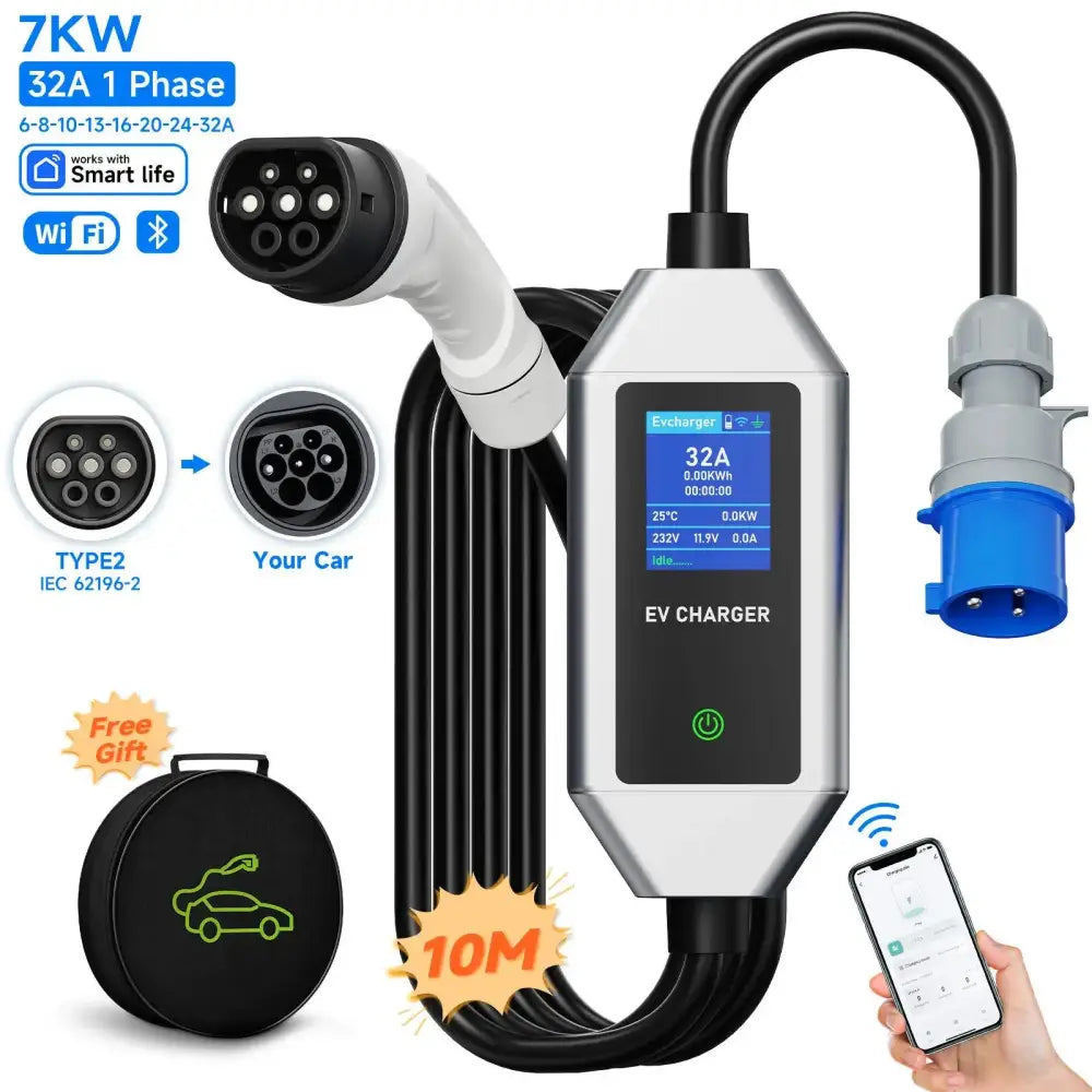 Chargeur voiture électrique Type 2 32 A 7,2 kW – WiFi IP66 - Chargeur voiture électrique portable