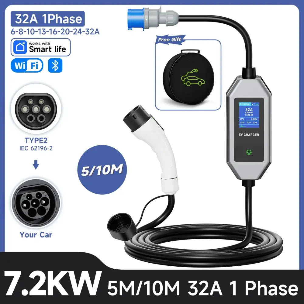 Chargeur voiture électrique Type 2 32 A 7,2 kW – WiFi IP66 - Chargeur voiture électrique portable