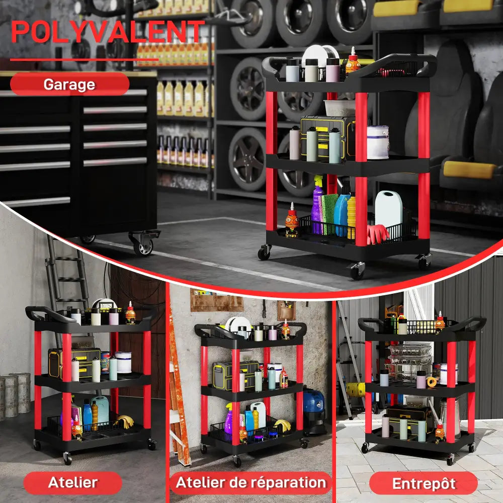 Chariot d’atelier 3 niveaux – servante mobile noire - Noir / Depuis la France - chariot d’atelier 3 niveaux