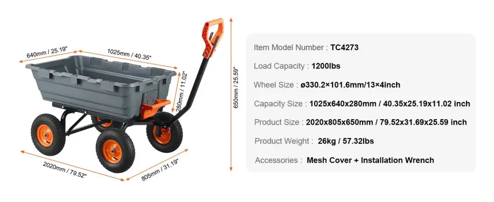 Chariot de jardin basculant 272 à 680 kg – poignée 2-en-1 - Chariot de jardin basculant