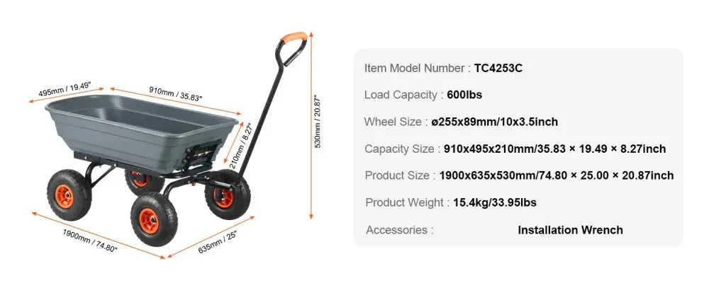 Chariot de jardin basculant 272 à 680 kg – poignée 2-en-1 - Chariot de jardin basculant