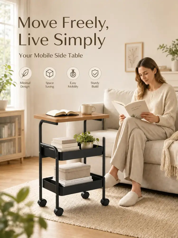 Chariot de rangement 3 niveaux avec plateau en bois – détail produit 5