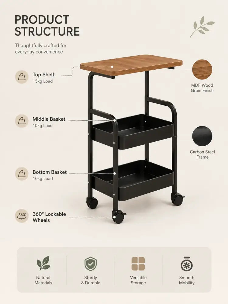 Chariot de rangement 3 niveaux avec plateau en bois – détail produit 6