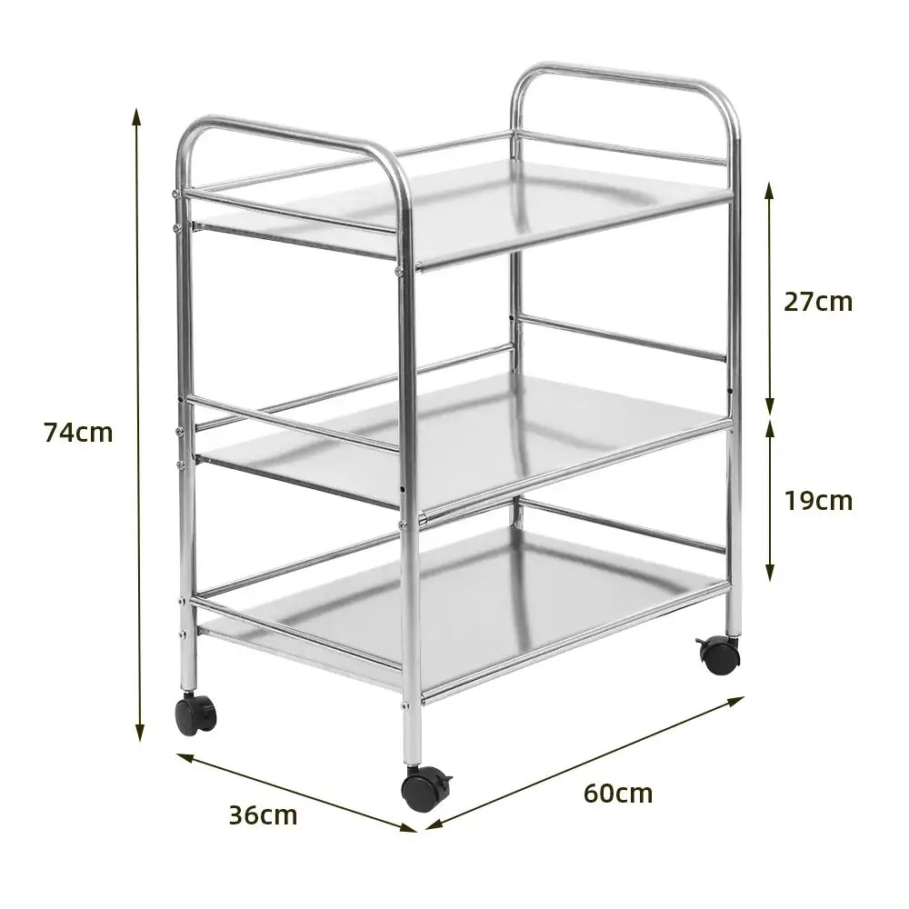 Chariot de service inox 3 niveaux – 61 × 36 × 75 cm – variante Argent