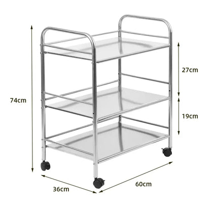 Chariot de service inox 3 niveaux – 61 × 36 × 75 cm – variante Argent