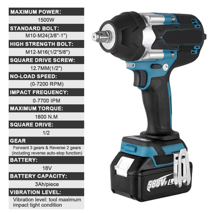 Clé À Chocs Sans Balais 1800 Nm 18V Compatible Makita Li Ion