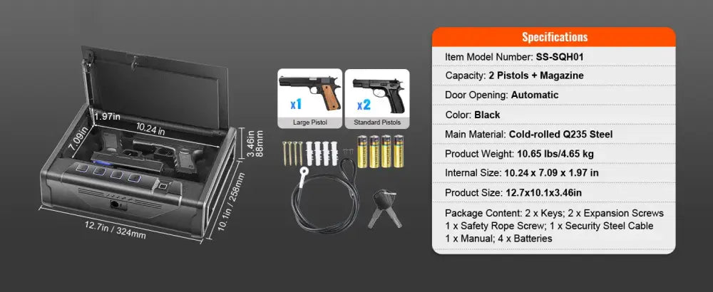 Coffre biométrique en acier – rangement 1 ou 2 armes - coffre biométrique pour arme de poing