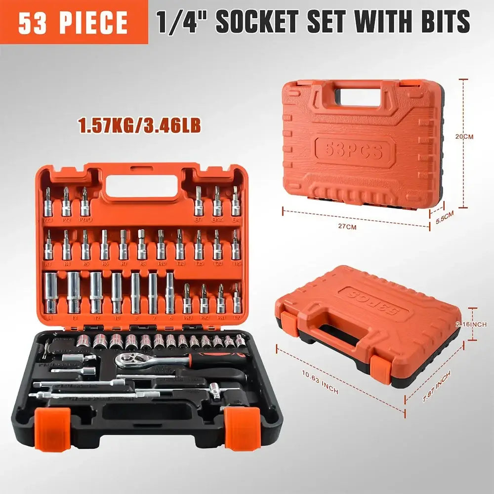 Coffret douilles et cliquet 1/4″ – 53 pièces en Cr-V - France - Coffret douilles cliquet 1/4 53 pièces