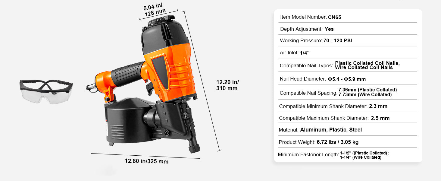VEVOR Cloueur À Bobine Pneumatique Pro Haute Cadence - 70-120 PSI, CN55-CN90 - Manuzen