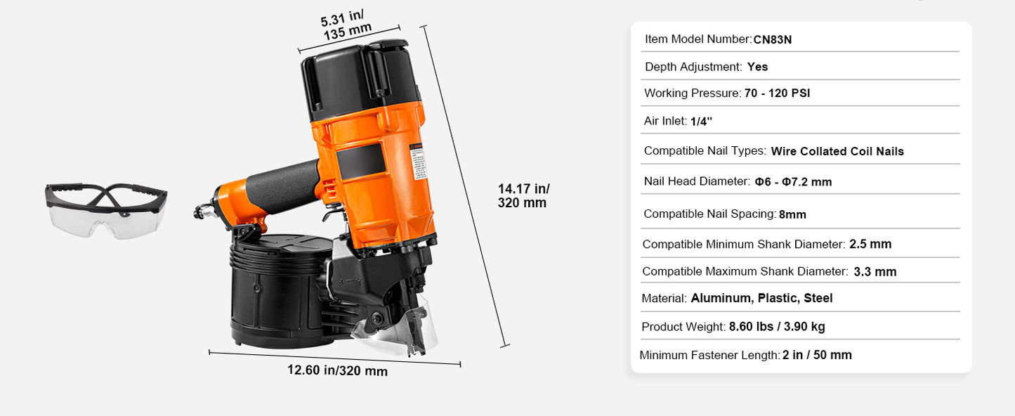 VEVOR Cloueur À Bobine Pneumatique Pro Haute Cadence - 70-120 PSI, CN55-CN90 - Manuzen