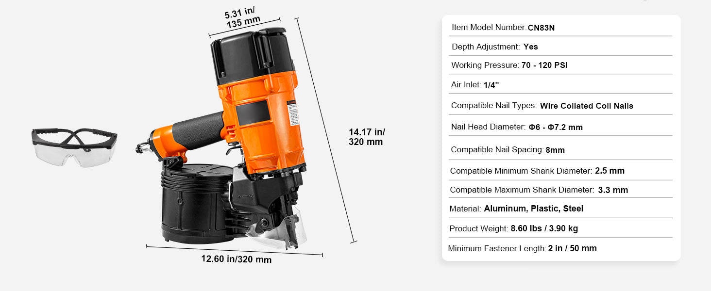 VEVOR Cloueur À Bobine Pneumatique Pro Haute Cadence - 70-120 PSI, CN55-CN90 - Manuzen