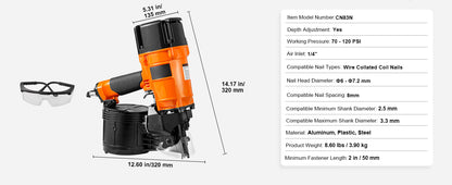 VEVOR Cloueur À Bobine Pneumatique Pro Haute Cadence - 70-120 PSI, CN55-CN90 - Manuzen