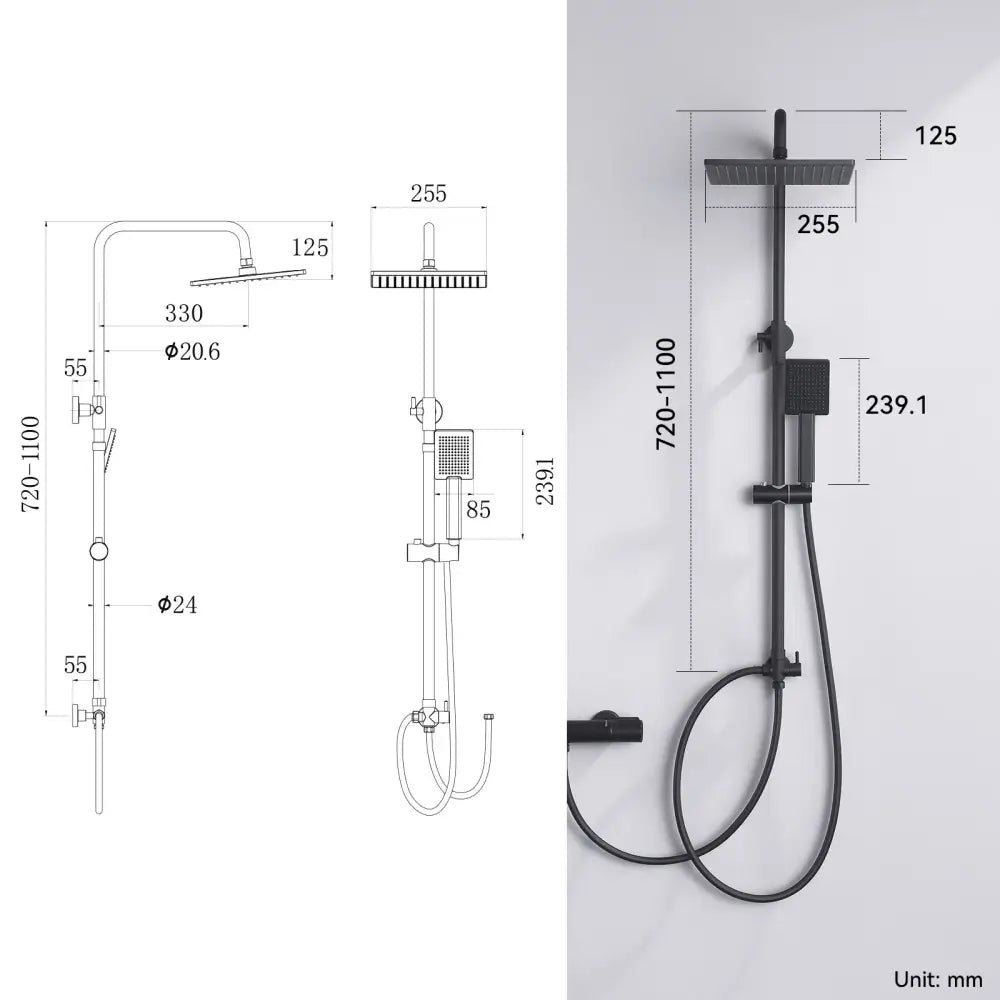 Colonne de douche réglable 72–110 cm – noir mat – détail produit 7