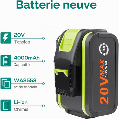 Lot De 2 Batteries De Rechange 20 V 4000 Mah/4.0 Ah Pour Worx 20 V WA3551, WA3551.1, WA3553, WA3553.2, WX372.1, WX80000 WX80000 WX3 WX3 WX80000 WX3 WX3 802 WXS. 678 WX550 WX523 WU531.9 WG894E