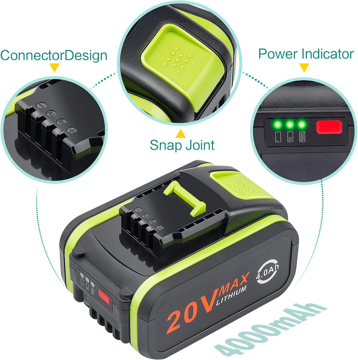 Lot De 2 Batteries De Rechange 20 V 4000 Mah/4.0 Ah Pour Worx 20 V WA3551, WA3551.1, WA3553, WA3553.2, WX372.1, WX80000 WX80000 WX3 WX3 WX80000 WX3 WX3 802 WXS. 678 WX550 WX523 WU531.9 WG894E