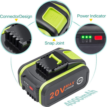 Lot De 2 Batteries De Rechange 20 V 4000 Mah/4.0 Ah Pour Worx 20 V WA3551, WA3551.1, WA3553, WA3553.2, WX372.1, WX80000 WX80000 WX3 WX3 WX80000 WX3 WX3 802 WXS. 678 WX550 WX523 WU531.9 WG894E