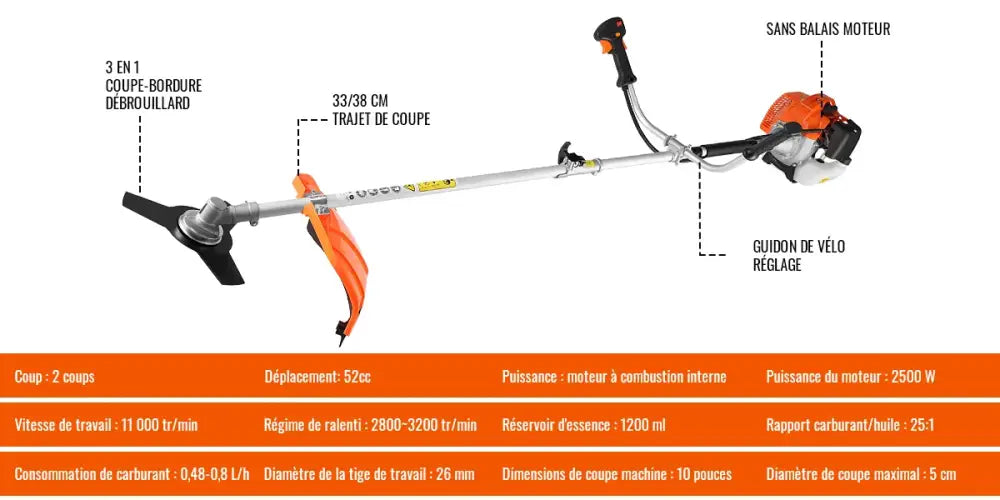 Débroussailleuse thermique 52 cm³ 3-en-1 – moteur 2 temps - Débroussailleuse 3-en-1 / France - Débroussailleuse