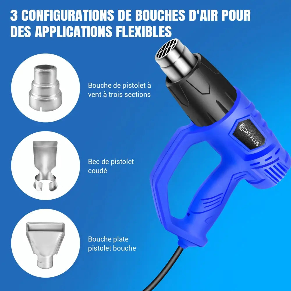 Décapeur thermique 2000 W 300–600 °C – 3 buses et racloir - Bleu + 3 buses et racloir / 2000 W et plus / France