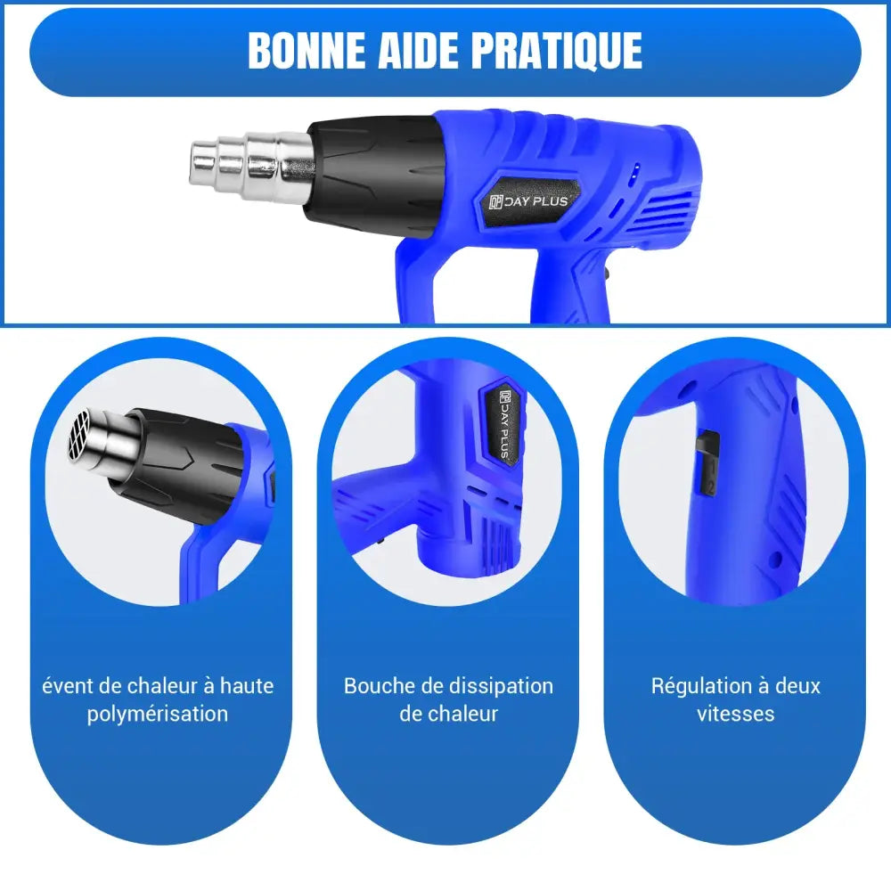 Décapeur thermique 2000 W 300–600 °C – 3 buses et racloir - Bleu + 3 buses et racloir / 2000 W et plus / France