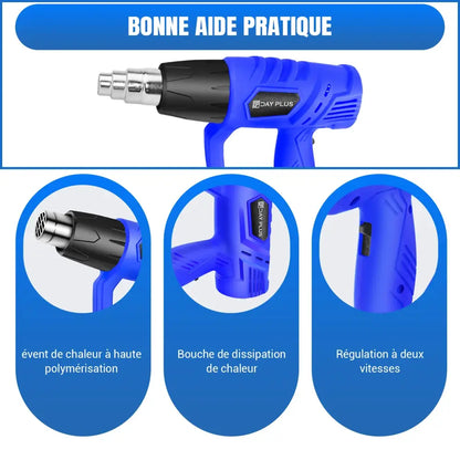 Décapeur thermique 2000 W 300–600 °C – 3 buses et racloir - Bleu + 3 buses et racloir / 2000 W et plus / France