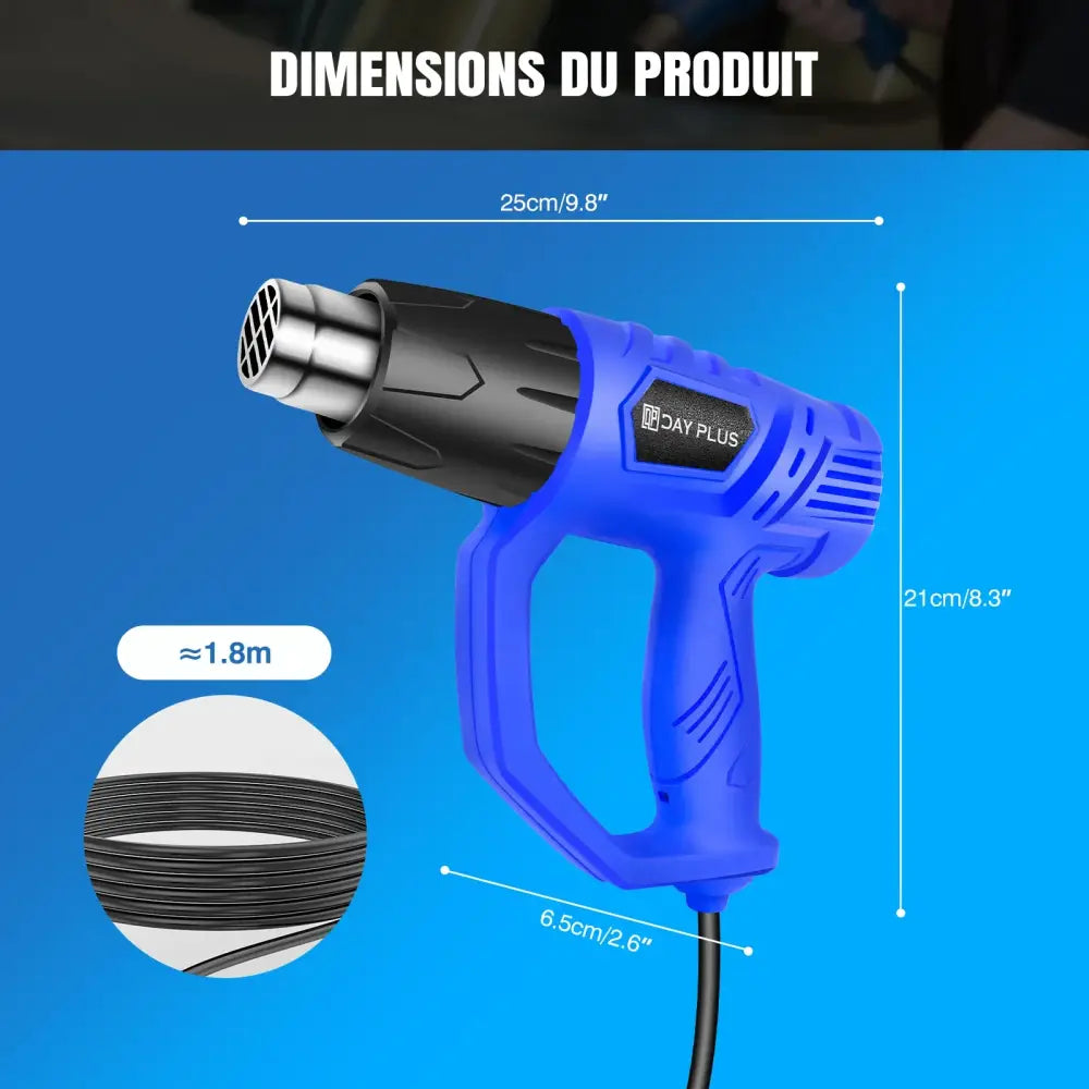 Décapeur thermique 2000 W 300–600 °C – 3 buses et racloir - Bleu + 3 buses et racloir / 2000 W et plus / France