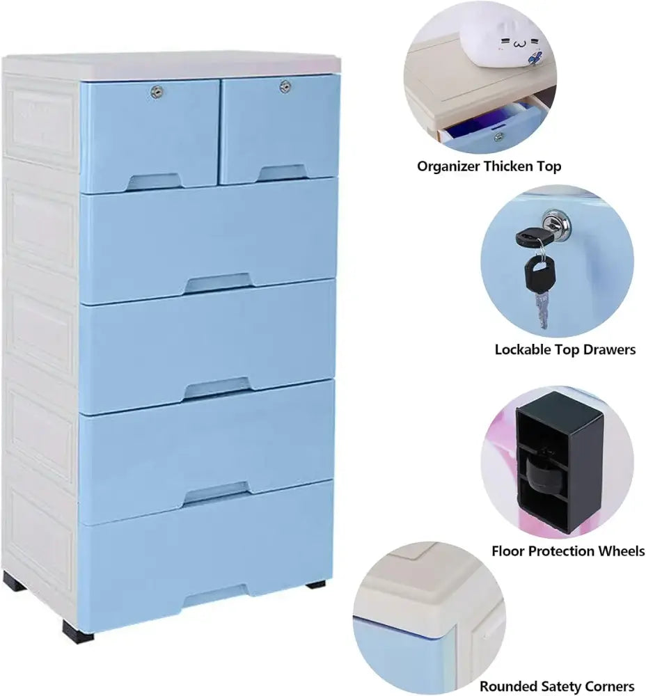 Desserte de rangement 6 tiroirs sur roulettes – 50 × 35 × 102 cm - France / Bleu - Desserte à tiroirs
