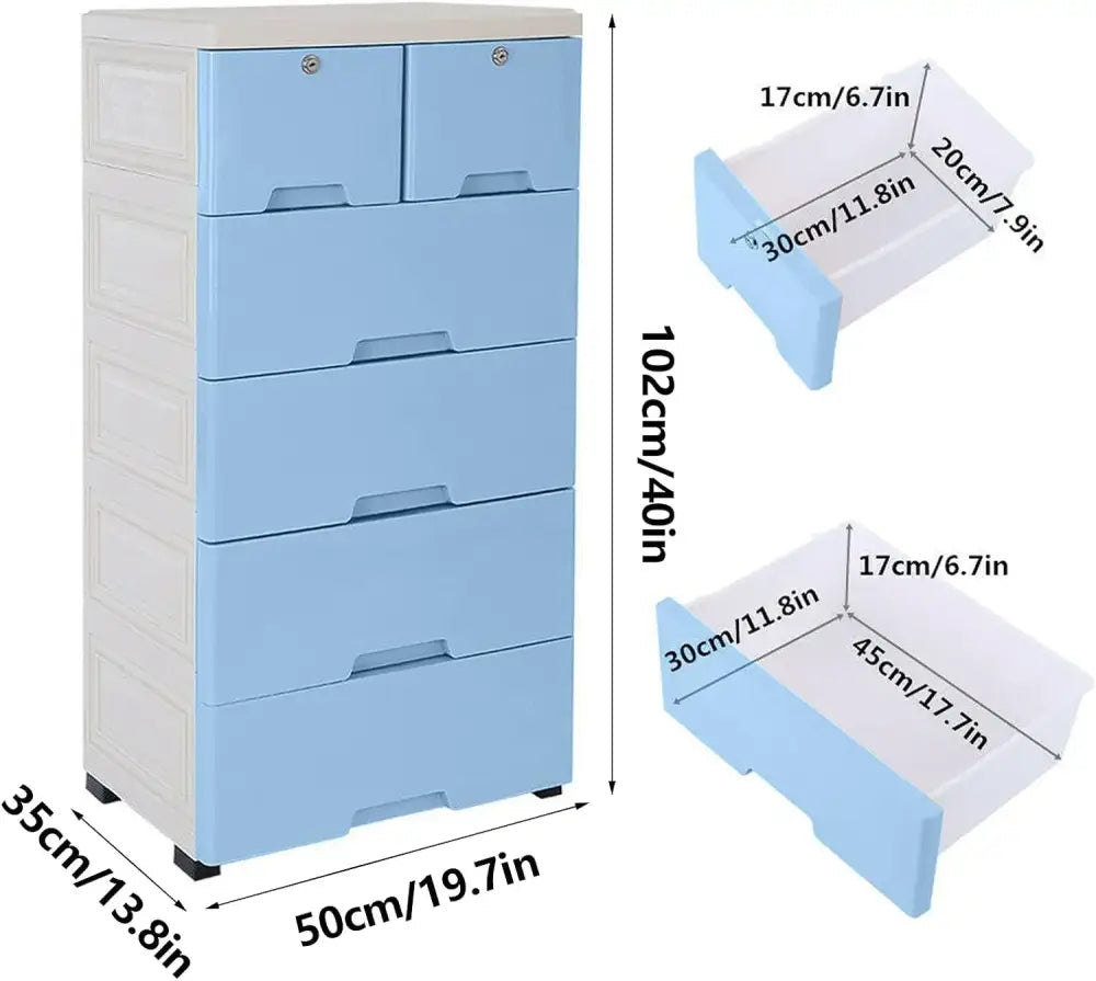 Desserte de rangement 6 tiroirs sur roulettes – 50 × 35 × 102 cm - France / Bleu - Desserte à tiroirs