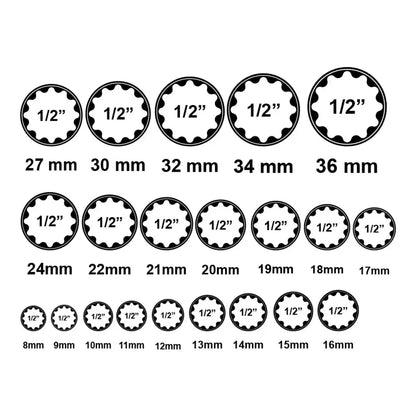 Douilles 12 pans 1/2″ 8–36 mm – jeu de 21 pièces - Allemagne - jeu douilles 12 pans 1/2