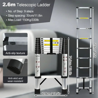 Échelle télescopique inox – 2,6 à 4,4 m sans crochets - 2,6 m – sans crochets / Allemagne - échelle télescopique inox
