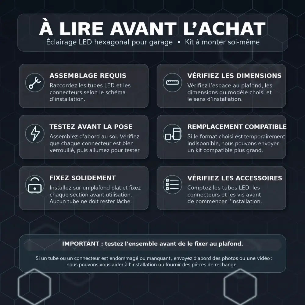 Éclairage hexagonal de garage – texte en français