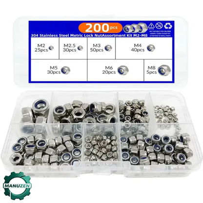 Écrous frein inox 304 M2 à M8 – assortiment 200 pièces - Assortiment 200 pièces / Depuis la France - écrous frein inox