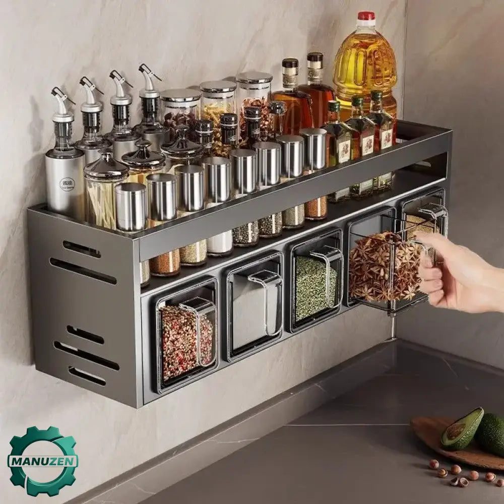 Étagère murale à épices inox sans perçage – 4 ou 5 pots – vue principale