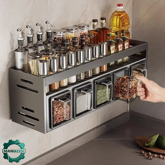 Étagère murale à épices inox sans perçage – 4 ou 5 pots – vue principale