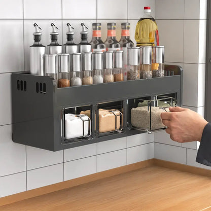 Étagère murale à épices inox sans perçage – 4 ou 5 pots – variante 4 pots – gris