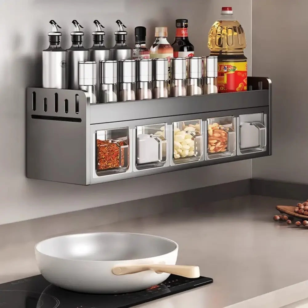 Étagère murale à épices inox sans perçage – 4 ou 5 pots – variante 5 pots – gris