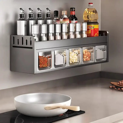 Étagère murale à épices inox sans perçage – 4 ou 5 pots – variante 5 pots – gris