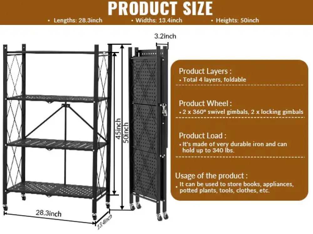 Étagère pliante 4 niveaux sur roulettes – 154 kg – variante 4 niveaux / France