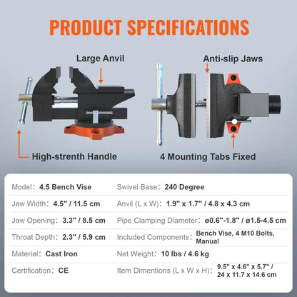 Étau d’établi pivotant avec enclume – 4,5 à 6,5 pouces – détail produit 8