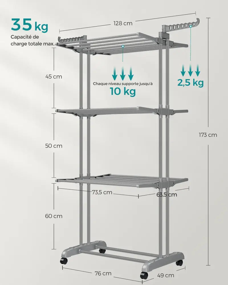 Étendoir À Linge SONGMICS Pliable Avec Roulettes 4 Niveaux Grande Capacité