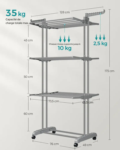 Étendoir À Linge SONGMICS Pliable Avec Roulettes 4 Niveaux Grande Capacité
