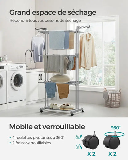 Étendoir À Linge SONGMICS Pliable Avec Roulettes 4 Niveaux Grande Capacité