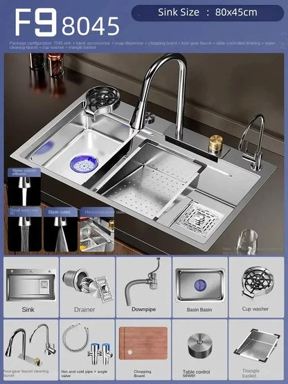 Évier cuisine 1 bac inox 304 avec robinet cascade – 68 à 80 cm – variante 80 × 45 cm