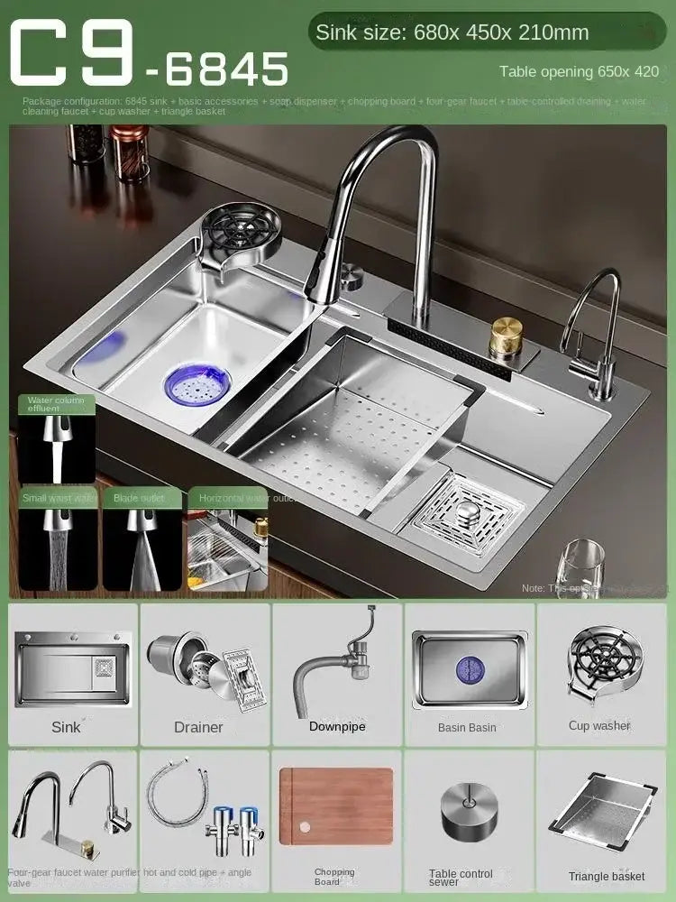 Évier cuisine 1 bac inox 304 avec robinet cascade – 68 à 80 cm – variante 68 × 45 cm
