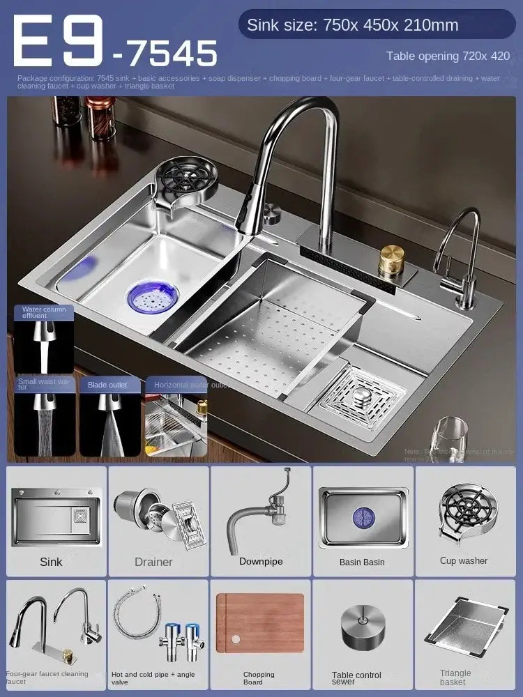 Évier cuisine 1 bac inox 304 avec robinet cascade – 68 à 80 cm – variante 75 × 45 cm