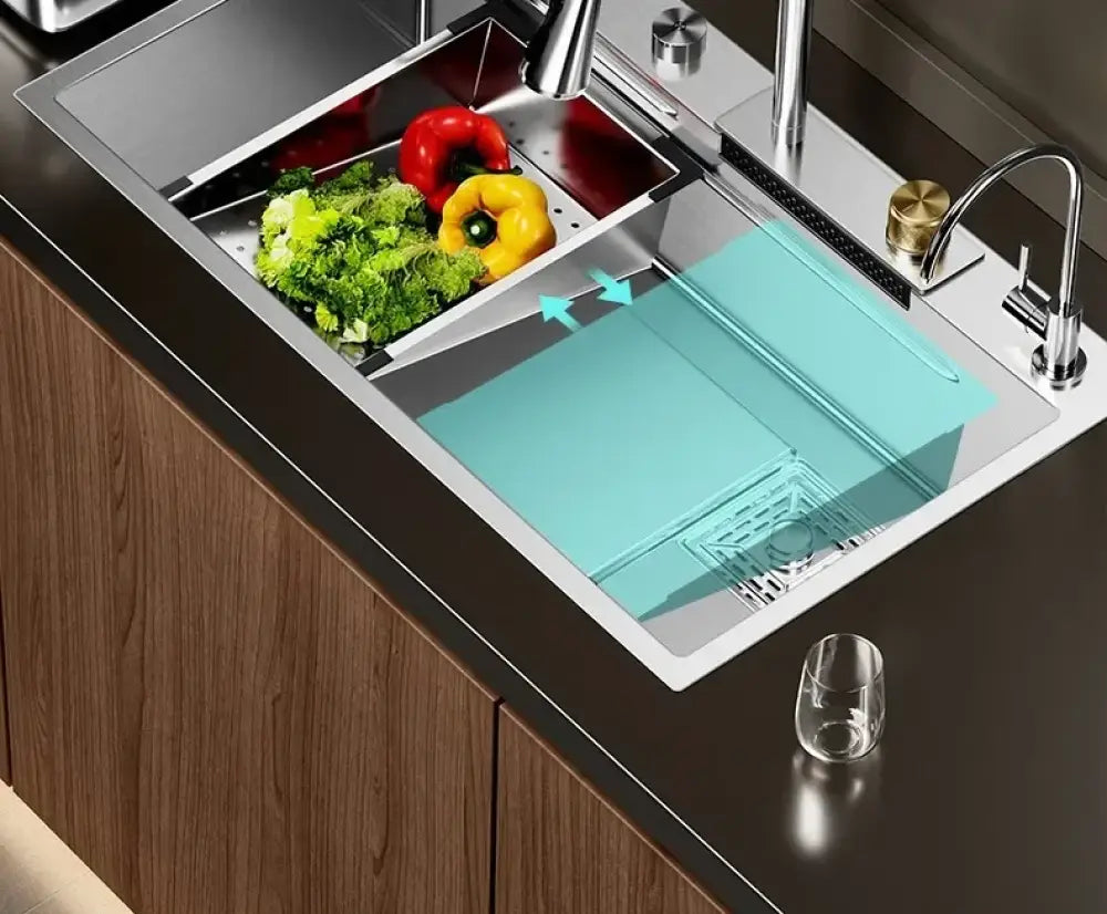 Évier cuisine 1 bac inox 304 avec robinet cascade – 68 à 80 cm – photo produit 3